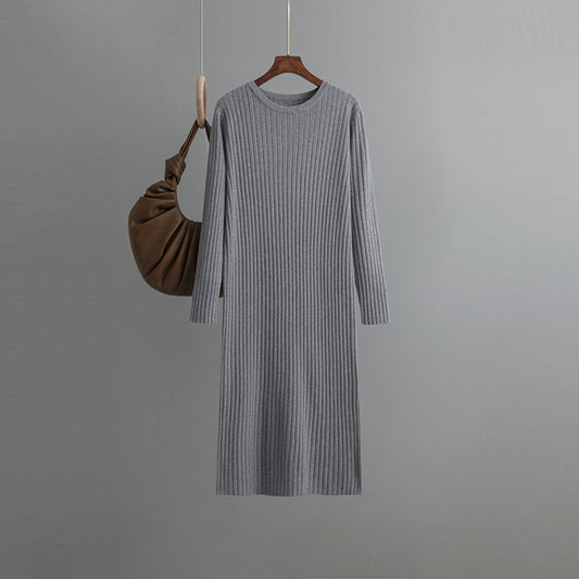 Autumn Winter Round Neck Loose Long Sleeves Knitted Dress Women Long below the Knee Underdress