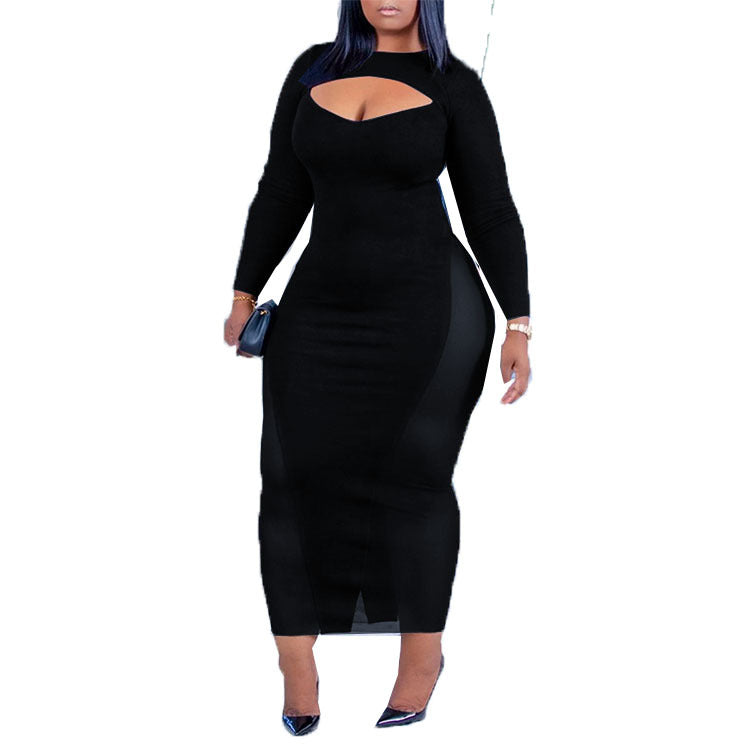 Plus Size Women Autumn Black Mid-Length One-Step Dress Office Solid Color Voile Dress