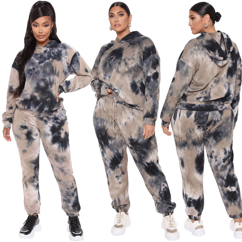 Plus Size Popular Autumn Sping Tie-Dyed Loose Hooded Sweater  Casual Set