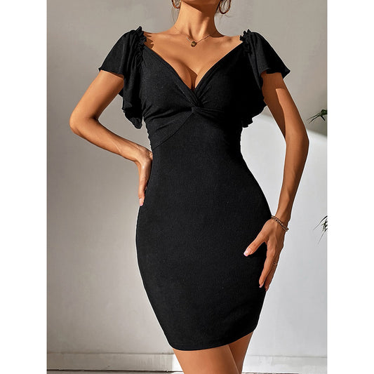 Women Clothing Deep V Plunge neck Slim Sexy Backless Sheath Dress Women