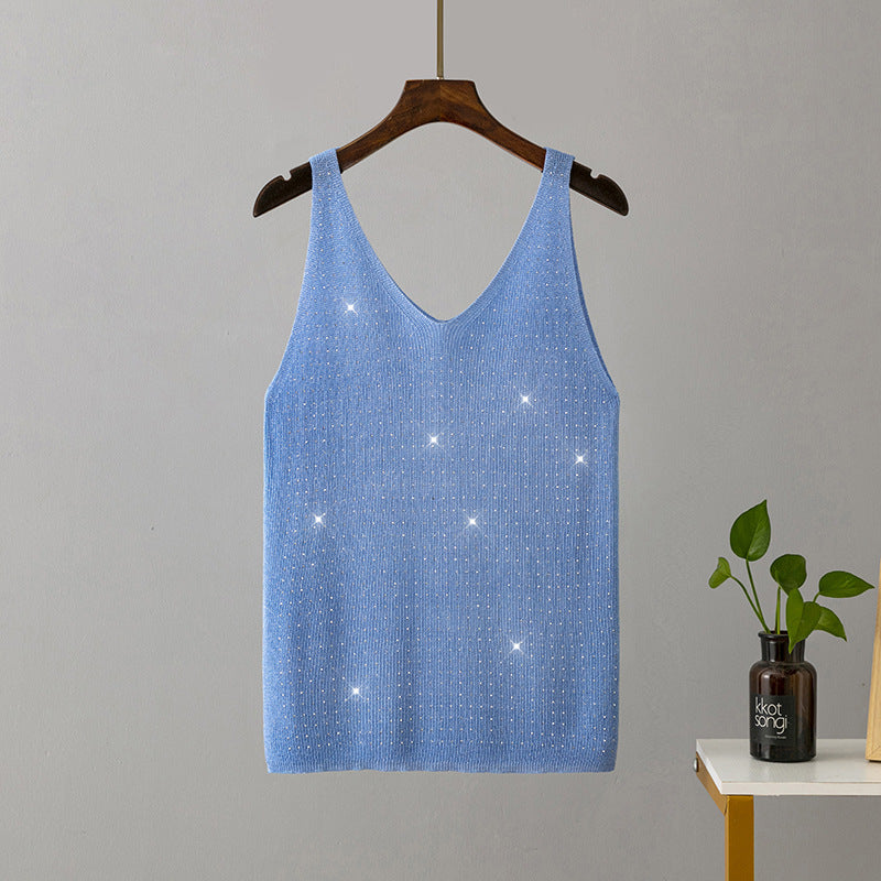 Summer Knitted Camisole Bright Line Diamond V Neck Solid Color Slim Fit Sexy Vest