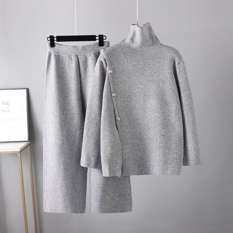 Niche Stand Collar Slit Knitted Turtleneck Sweater  Two Piece Set