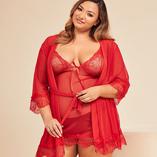 Plus Size Sexy Lingerie Red Lace Two-Piece Transparent Pajamas Suspenders Nightdress Seductive Set
