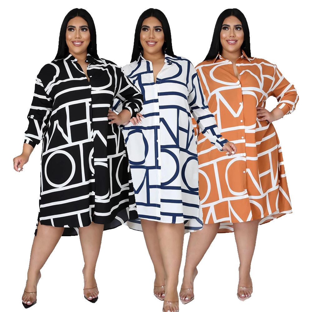 Plus Size Plus Size Printing Collared Long Sleeve Irregular Asymmetric Hem Women Shirt Dress