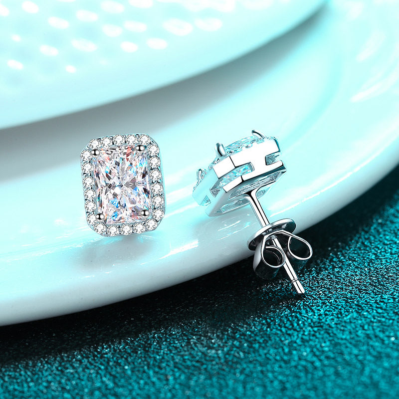 Sterling Silver Stud Earrings Women Inlaid Radiant Emerald Cut  Diamond Earrings