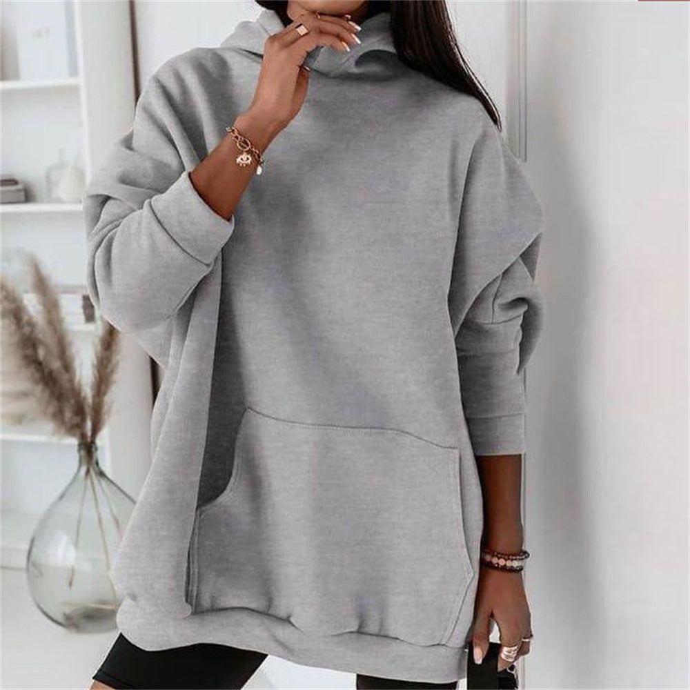 Women Clothing Autumn Winter Fleece-Lined Pullover Loose All Match Solid Color Hoodie  for Women