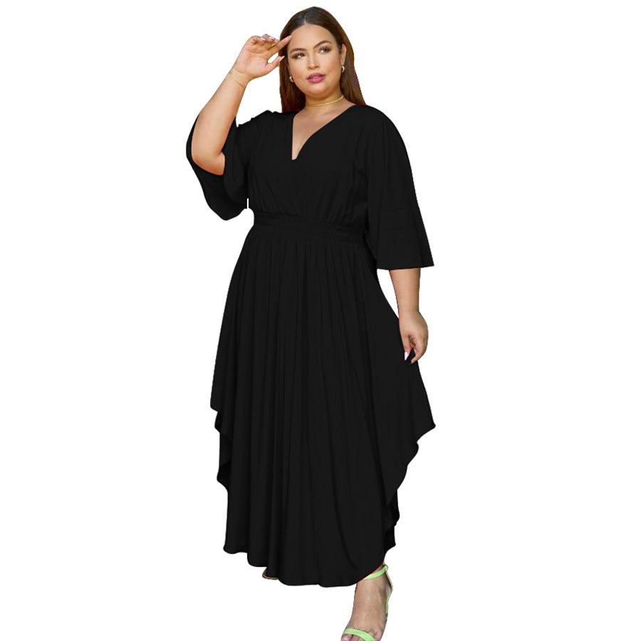 Plus Size Solid Color Casual Dress Bell Sleeve V-neck Cinched Swing Dress