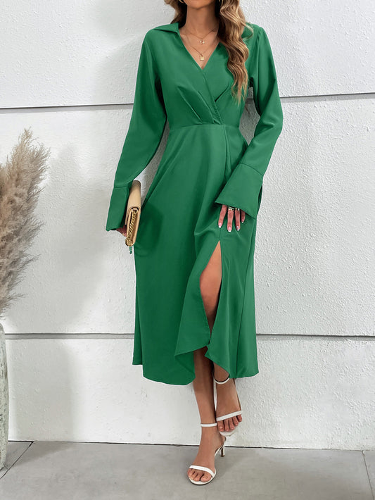 Women Clothing Tight Waist V neck Slim Green Split Maxi Dress