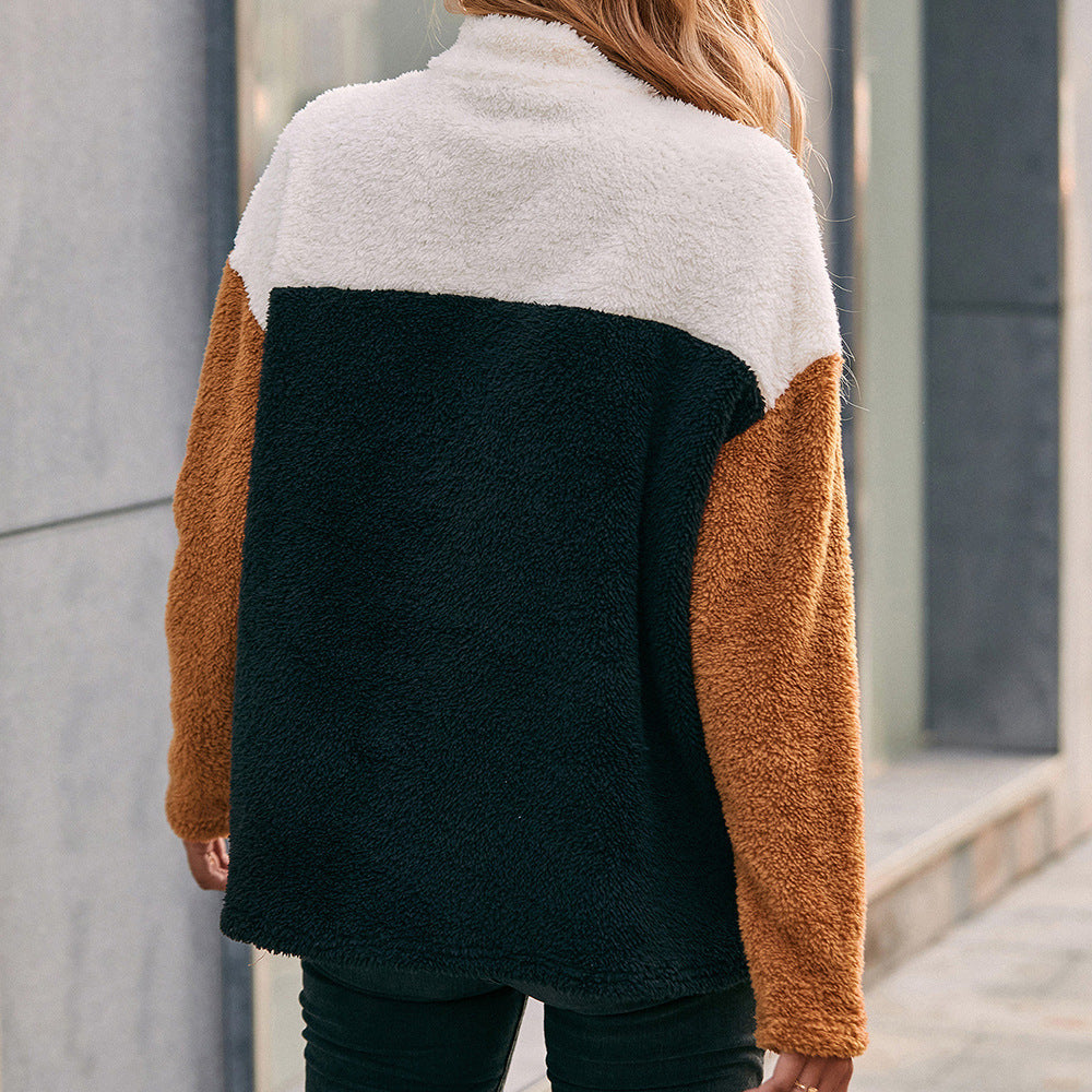 Double Sided Plush Color Contrast Patchwork Pocket Sweatshirt Color Matching Furry Top Women