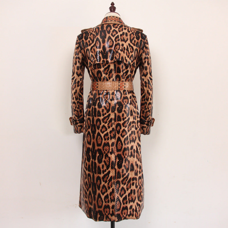 Goods Spring Autumn Snakeskin Leopard Print Long Trench Coat Goddess Long Sleeve Leather Jacket Women  Overcoat