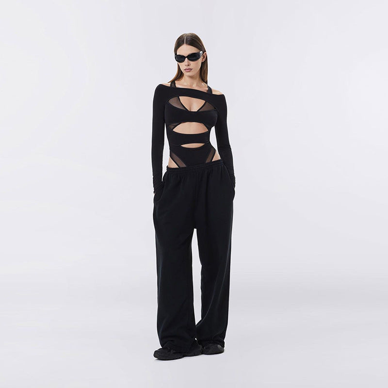 Autumn Trend Women Long Sleeve Hollow Out Cutout Out Slim Fit Cropped Solid Color Jumpsuit
