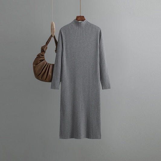 Women Knitted Bottoming Dress, Autumn Winter Half High Collar Mid Length Dinified Sweater Maxi Dress Over the Knee