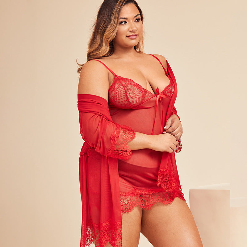 Plus Size Sexy Lingerie Red Lace Two-Piece Transparent Pajamas Suspenders Nightdress Seductive Set