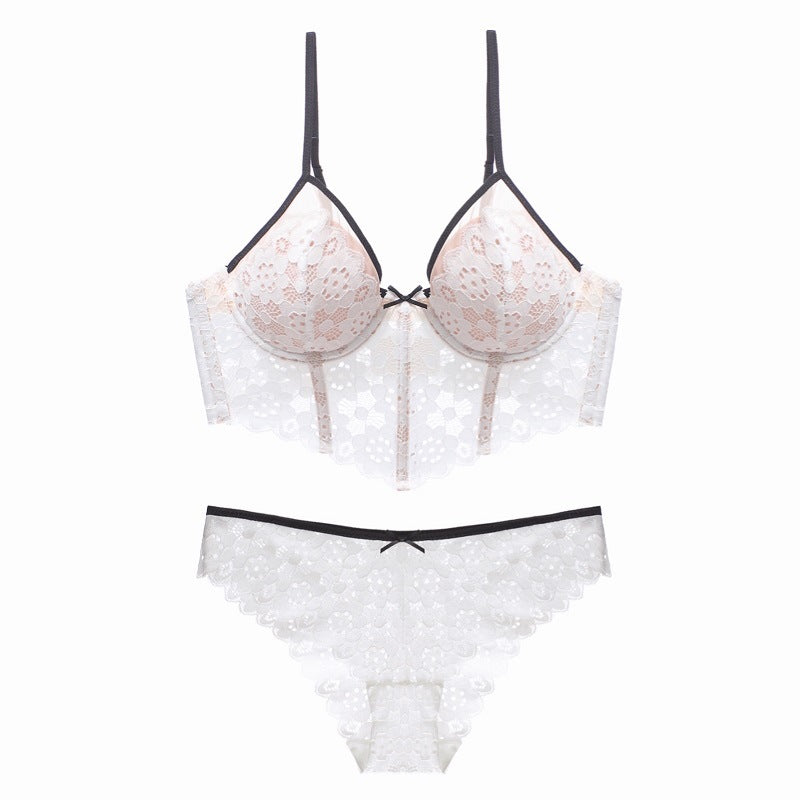 Sexy Underwear Thin Cup Braces Vest Bra Push up Crocheted Lace Long Bra Set