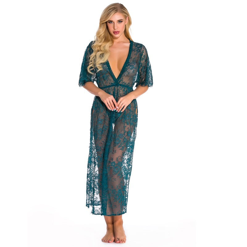 Underwear Women Two Piece Lace Pajamas Sexy See through Pajamas Long V neck Homewear Night Robe