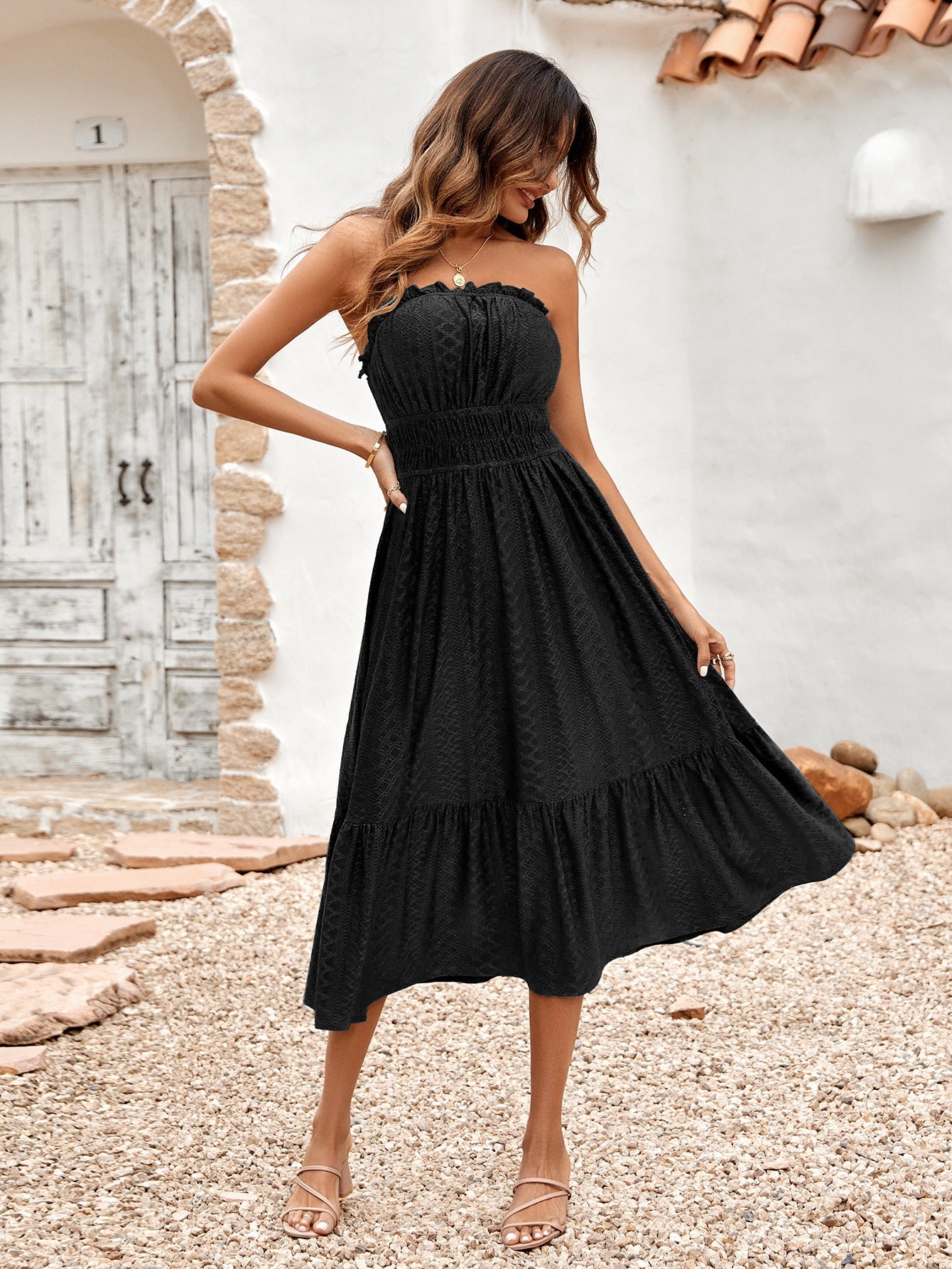 Spring Summer Women Clothing Casual Solid Color Chest Cover Waist Dress Women