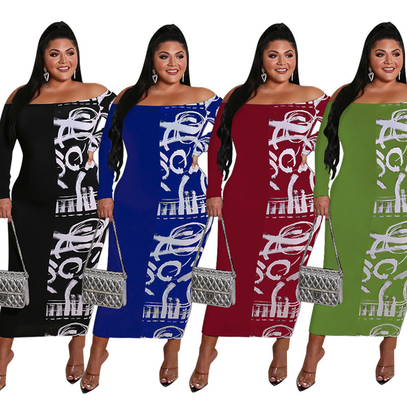 Plus Size Women Clothing Summer New Graffiti off-the-Neck Dress