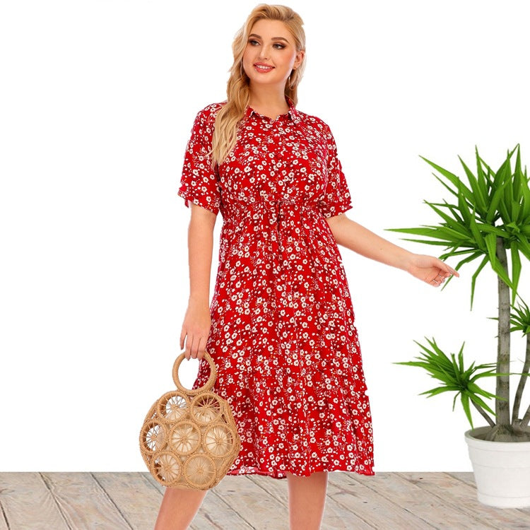 Plus Size Summer Women Clothes Short Sleeve Blouse Collar Printing Rayon Dress