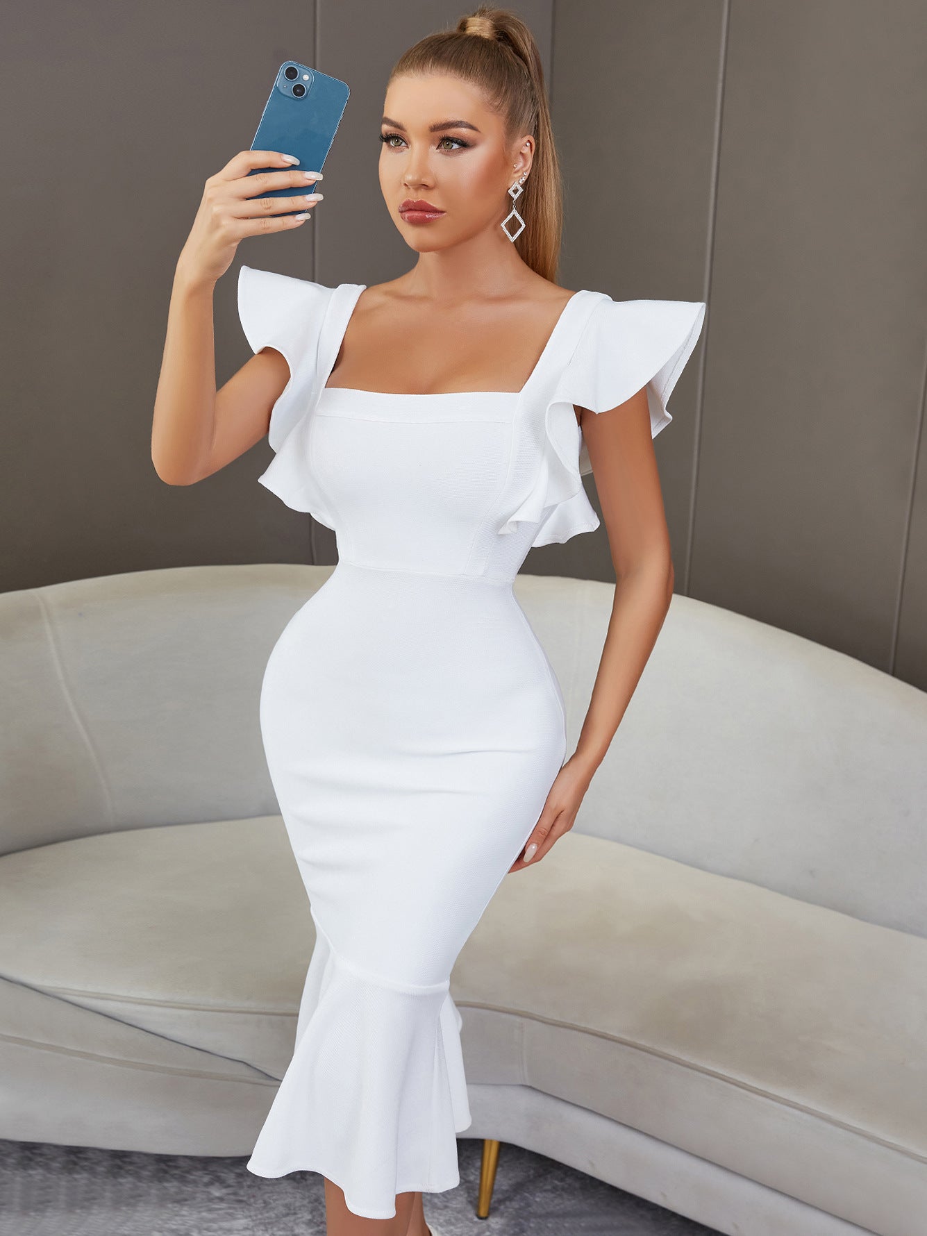 Summer Sexy Butterfly Sleeve Ruffled Flared Bandage One Piece Dress Socialite Club Wedding Party Dress