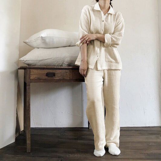 Cotton Double Layer Gauze Pajamas Long Sleeved Trousers Skin Friendly Comfortable Outerwear Women