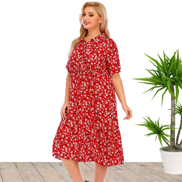 Plus Size Summer Women Clothes Short Sleeve Blouse Collar Printing Rayon Dress
