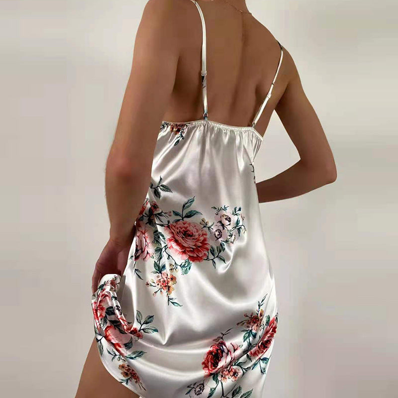 Sexy Silky Temptation Deep V Plunge Strap Nightdress Women Homewear Suit