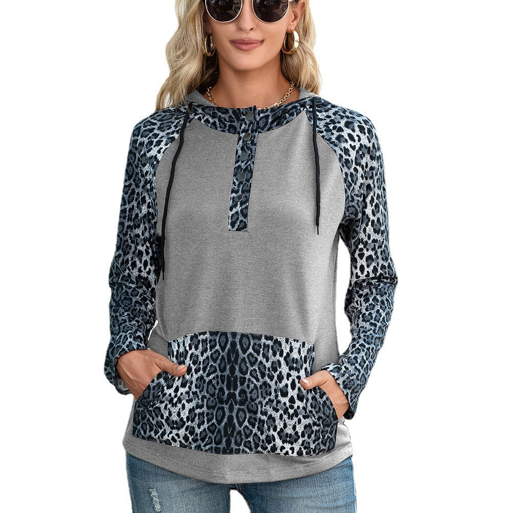 Autumn Winter Leopard Splicing Contrast Color Hooded Long Sleeve Sweatshirt Tops Women