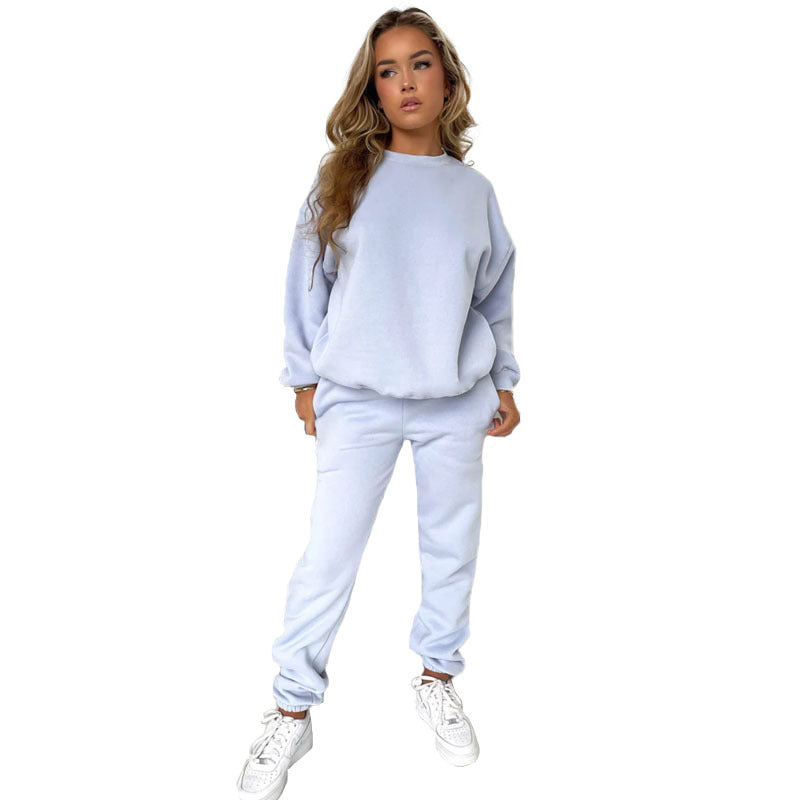 Neck Pullover Long Sleeve Cotton Sweater Casual Trousers Suit