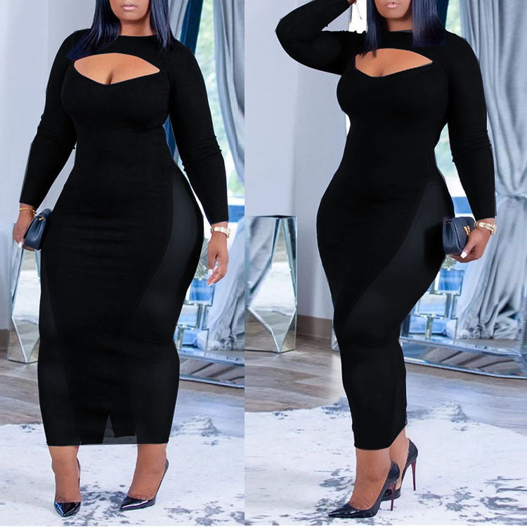 Plus Size Women Autumn Black Mid-Length One-Step Dress Office Solid Color Voile Dress