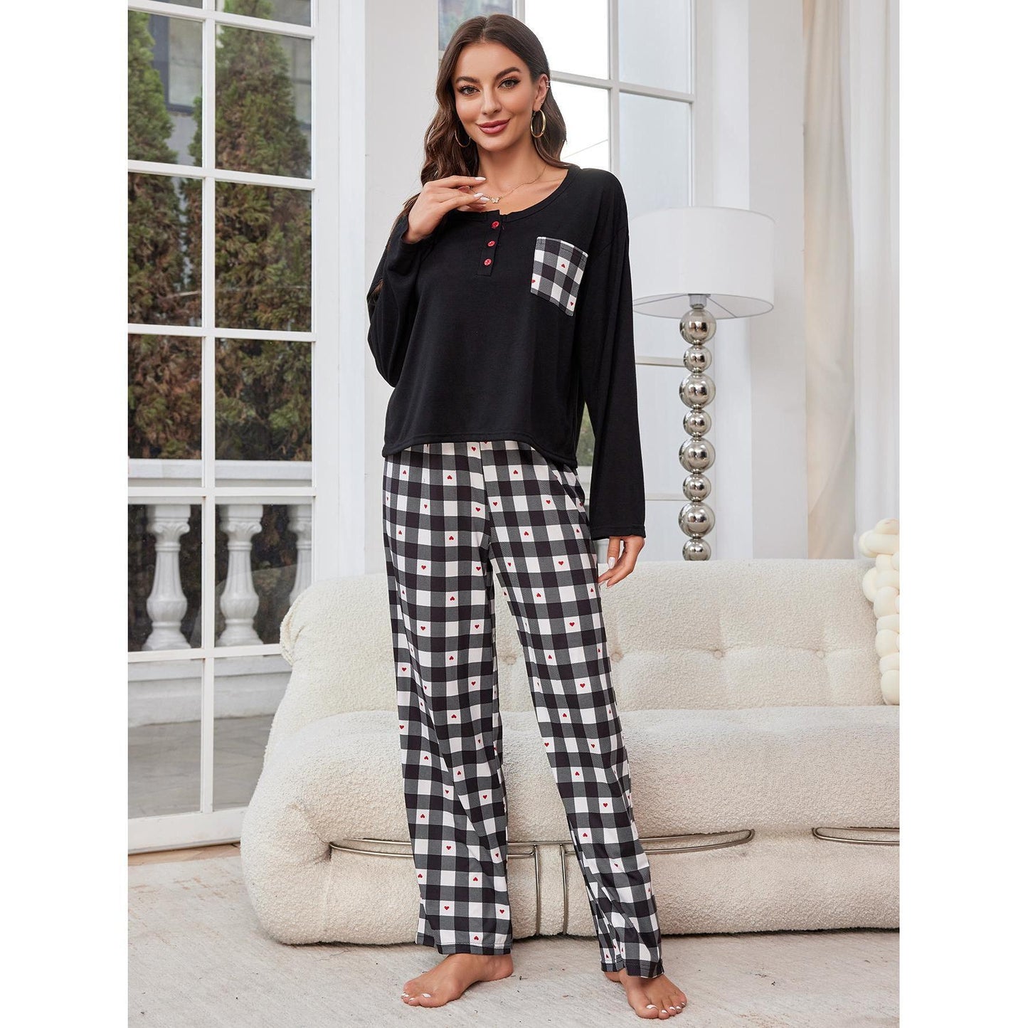 Pajamas Women Spring Autumn Plaid Long Sleeve Cardigan Homewear Two Piece Set