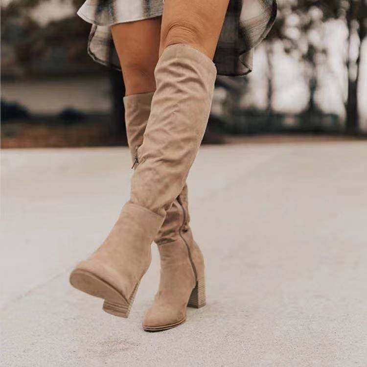 Women Suede Chunky Heel Pointed Toe Side Zip Solid Color Knight Boots