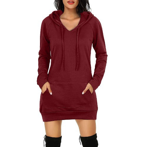Autumn Wear Mid-Length Hooded Dress Long Sleeve Women Solid Color Pocket Hoodie Loose