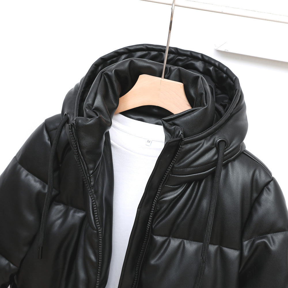 Hooded Faux Leather Coat Women Mid-Length Leather Jacket Thermal Cotton Coat Jacket