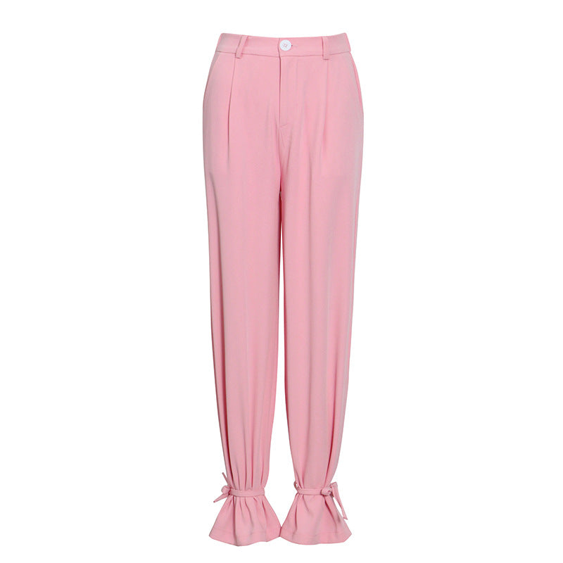 Autumn Winter Blouse Pants Pink Simple Lace Suit High Waist
