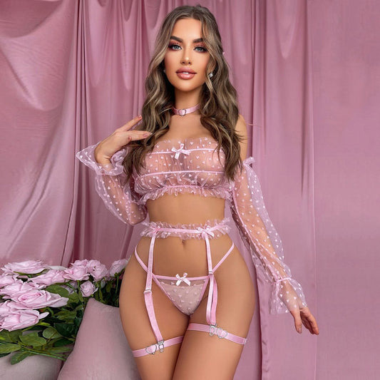 Body Shaping Love Mesh One Piece Lace Backless See Through Sexy Underwear Bra Set