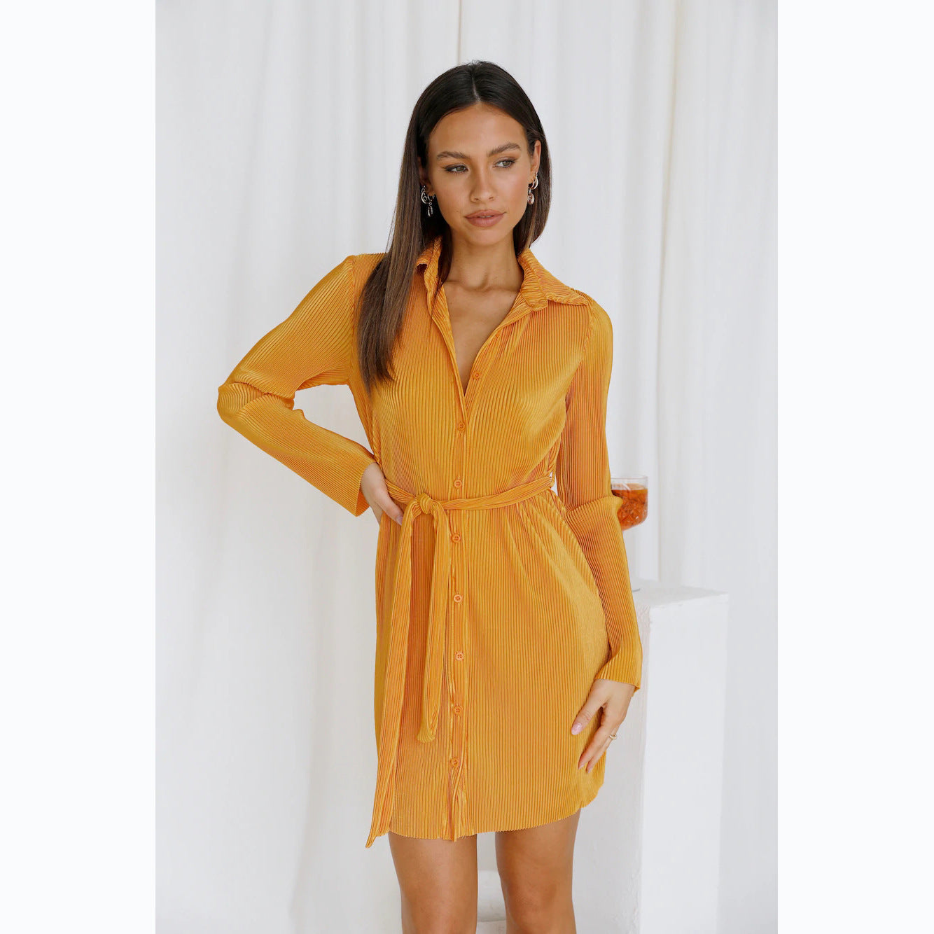 Spring Summer Solid Color Pleated Single-Breasted Shirt Dress
