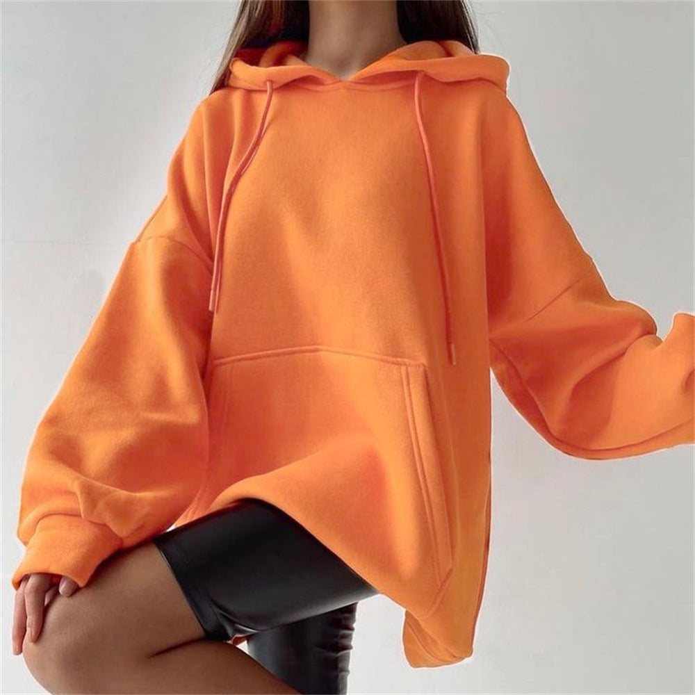 Women Clothing Autumn Winter Fleece-Lined Pullover Loose All Match Solid Color Hoodie  for Women