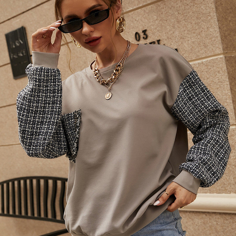 Round Neck Solid Color Plaid Sleeve Matching Casual Women Sweater