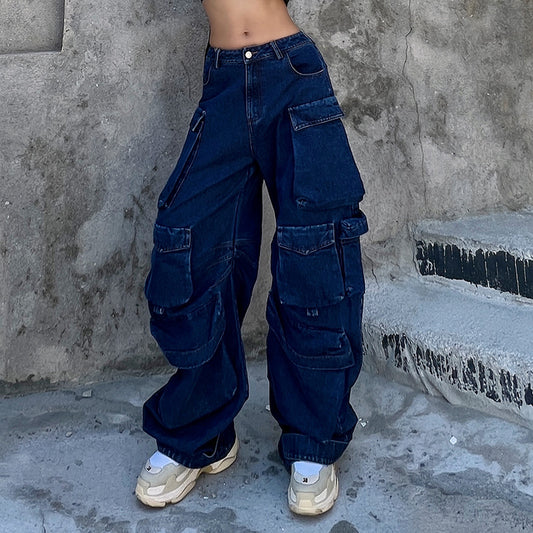 Personality Stitching Denim Trousers Autumn High Waist Large Pocket Loose Casual Wide Leg Pants Women Clothing