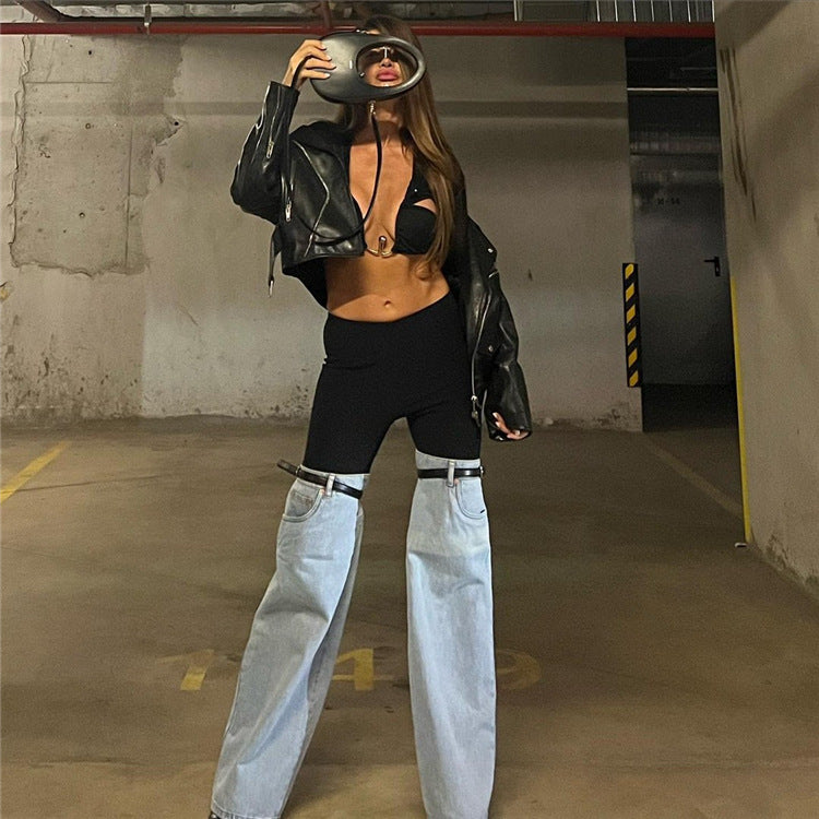 Stitching Jeans Spring High Waist Straight Wide Leg Advanced Personality Chic Pants for Women