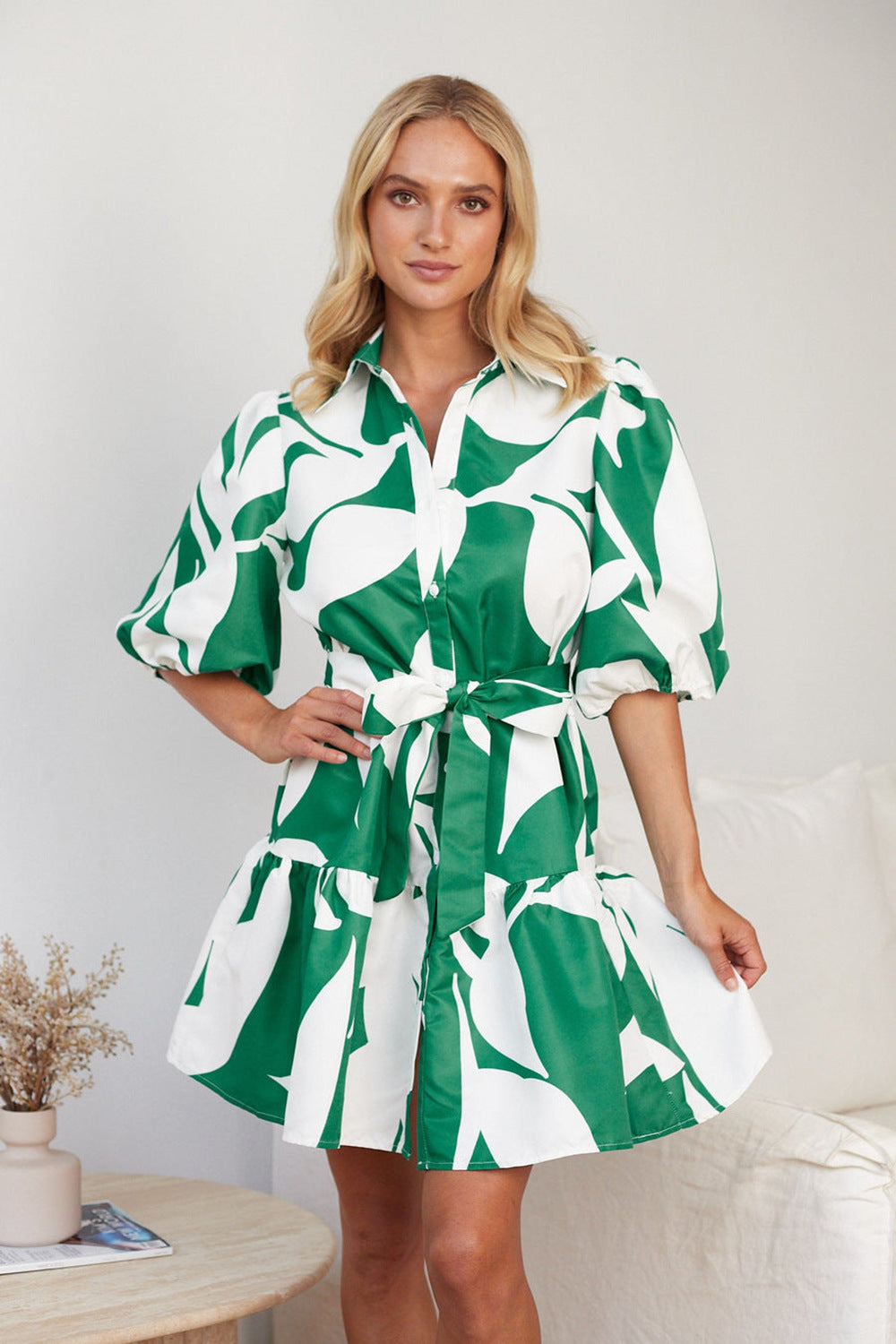 Shirt  Polo Collar Lantern Short Sleeve Belt Holiday Floral Print Dress