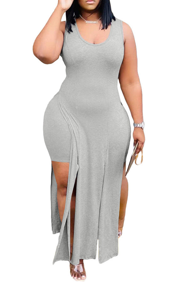 Plus Size Women Clothing Solid Color Sexy Sleeveless Dress two piece set