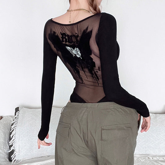 Butterfly Printed Waist Controlled Figure Flattering Jumpsuit Sexy Pleating V neck Sexy T shirt