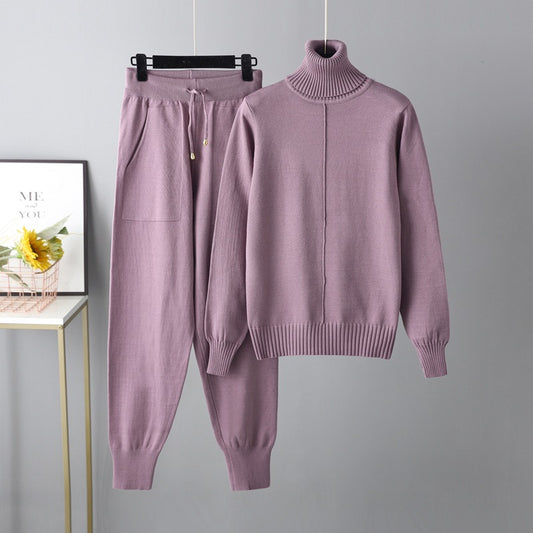 Casual Set Autumn Winter Turtleneck Solid Color Sweaters Two Piece Set