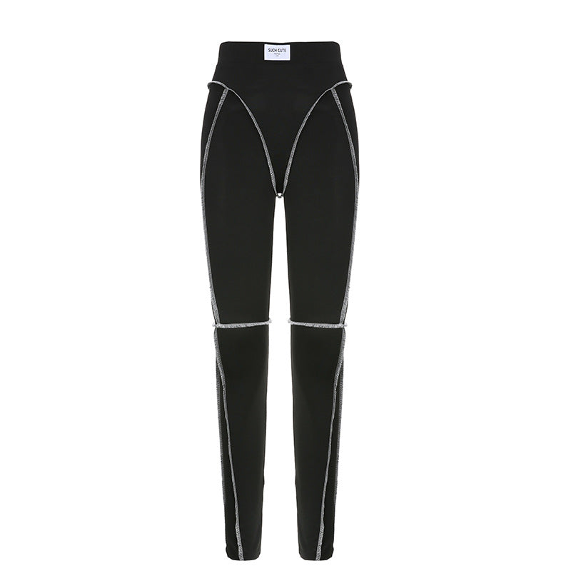Women Solid Color Lines Tight High Waist Common Sports Yoga Primer Skinny Trousers