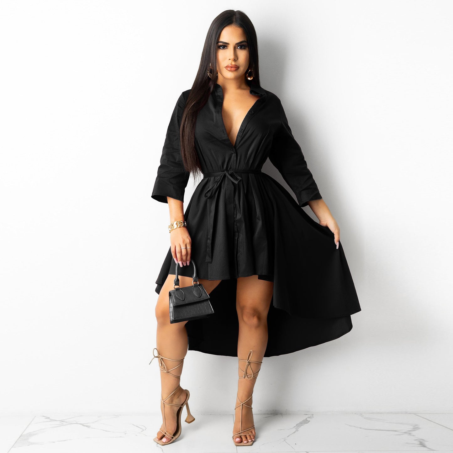 Autumn Winter Irregular Asymmetric Half Sleeve Long Shirt Dress