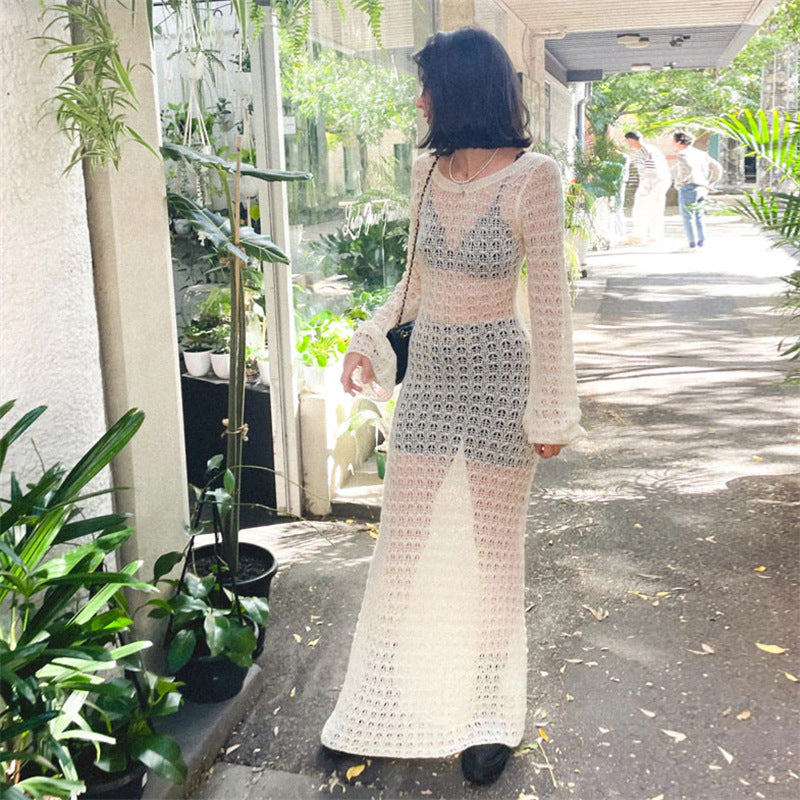 Sexy Backless Knitted Dress Hollow Out Cutout out See through Fishnet Long Sleeve Summer Sun Protection by the Sea Dress Women