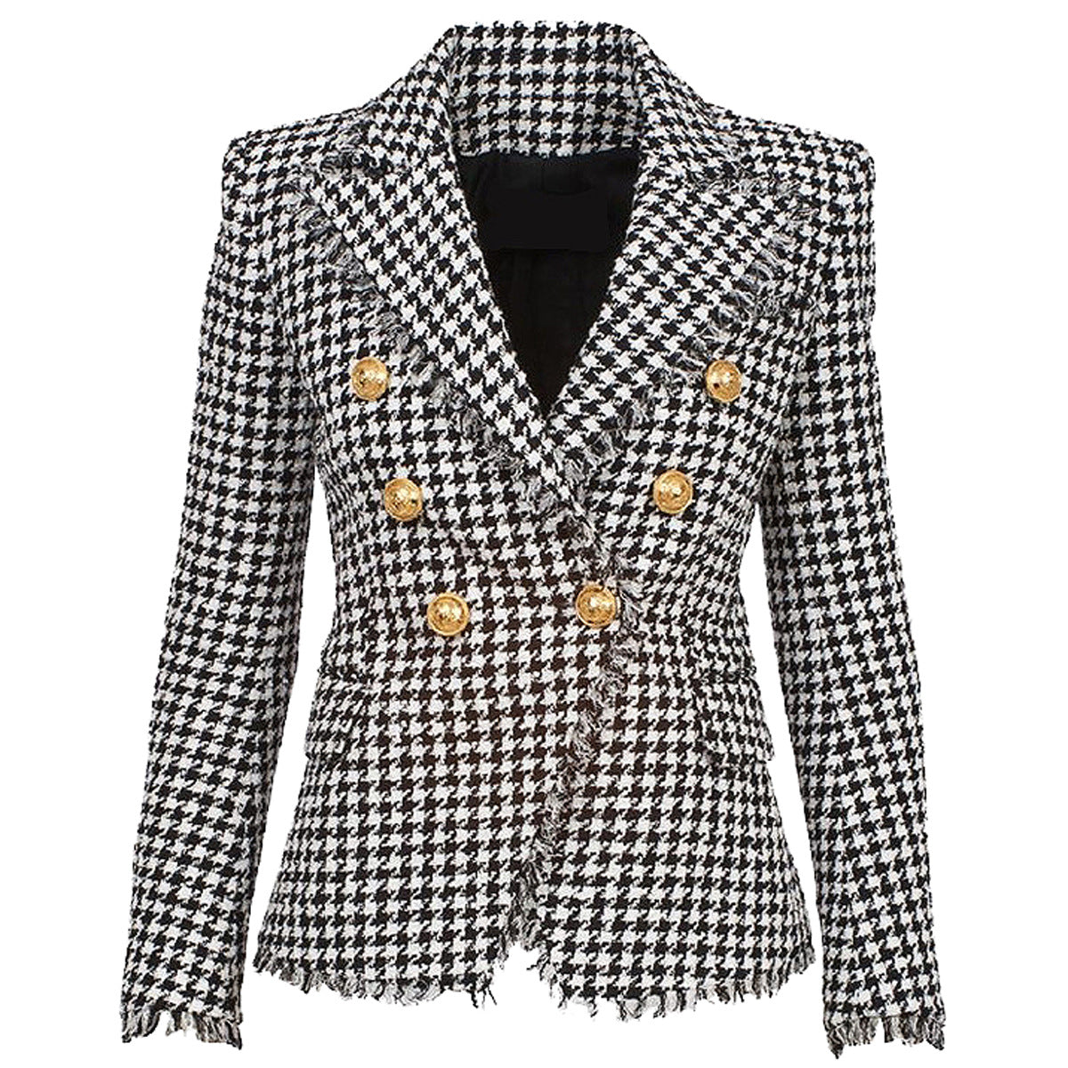 Spring Autumn Classic Houndstooth Tweed Tassel Women  Business Blazer  Suit Set Woolen Jacket