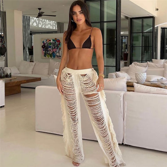 Fall Women Clothing Sexy Hollow Out Cutout Ripped Tassel Street Slim Straight Casual Pants