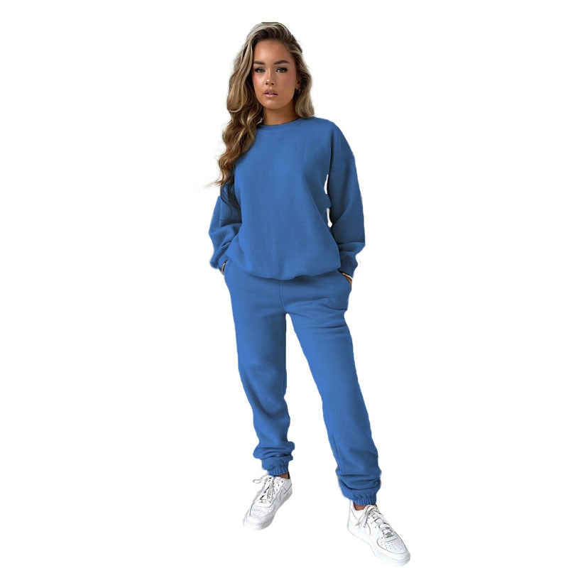 Neck Pullover Long Sleeve Cotton Sweater Casual Trousers Suit
